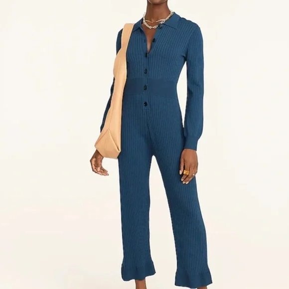J.Crew Blue Ribbed Cropped Jumpsuit - Picture 6 of 7